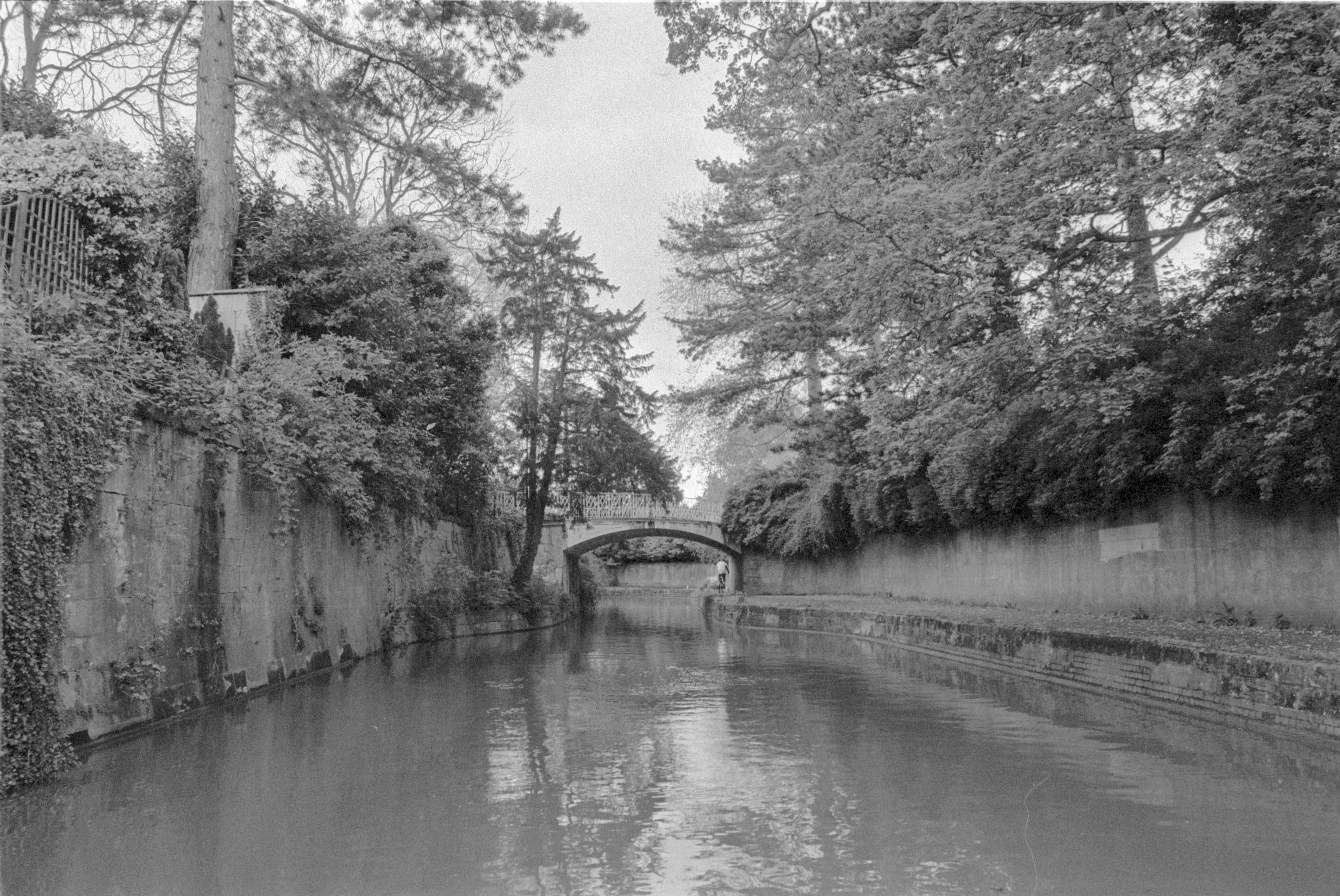 A canal running between high stone walls in black and white, an arched bridge in the middle distance, tall trees leaning in from both banks and reflecting in the still water.
